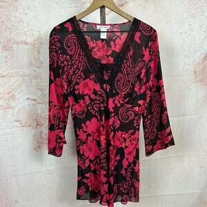 red black sheer floral tunic top size L romantic goth evening boho whismigoth